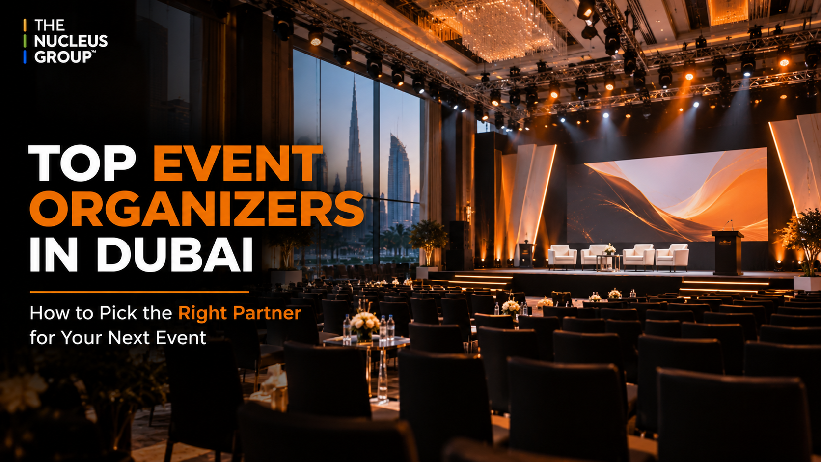 Event organizer Dubai, corporate event stage setup with lighting and branded backdrop